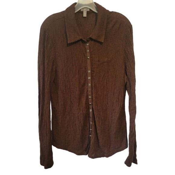 J. Jill Brown Lightweight Crinkle Snap Up Blouse Size Large - Picture 1 of 7